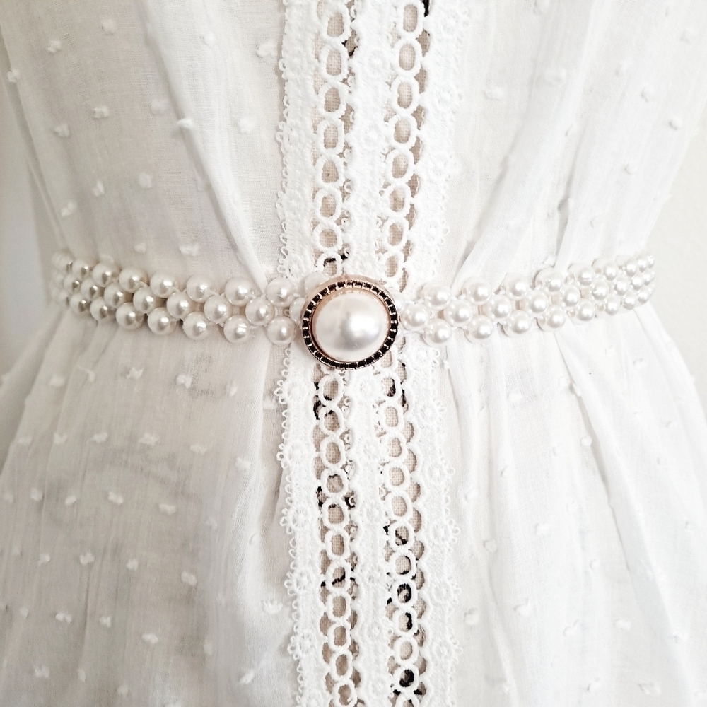 Womens Faux pearl beaded elastic stretch waist coquette wedding dress belt
